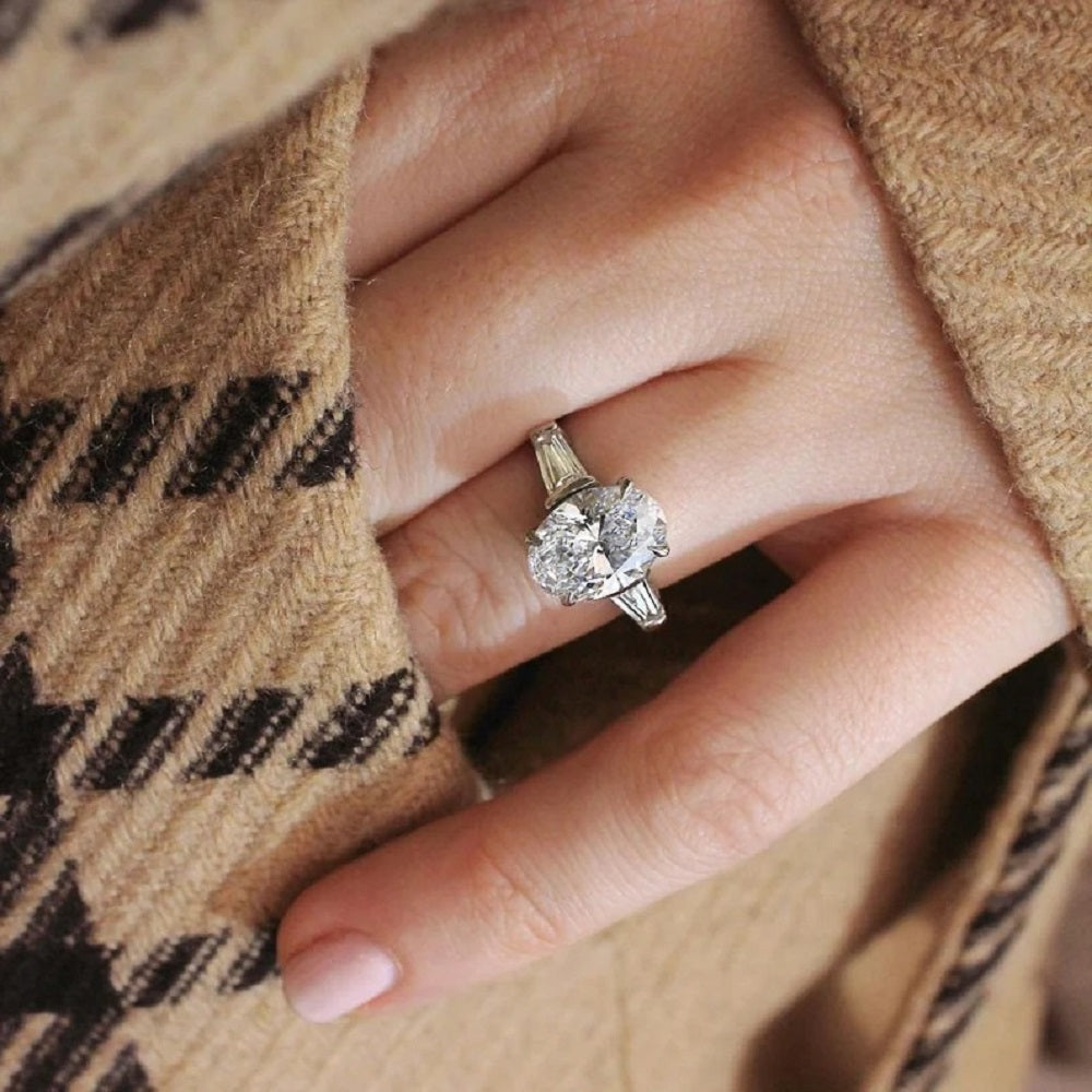 2 Ct Oval Moissanite Diamond Ring, Said Tapper baguette Diamond Ring, Three Stone Ring, Anniversary Gift For Her